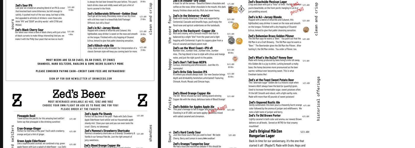 Zed's Beer Menu