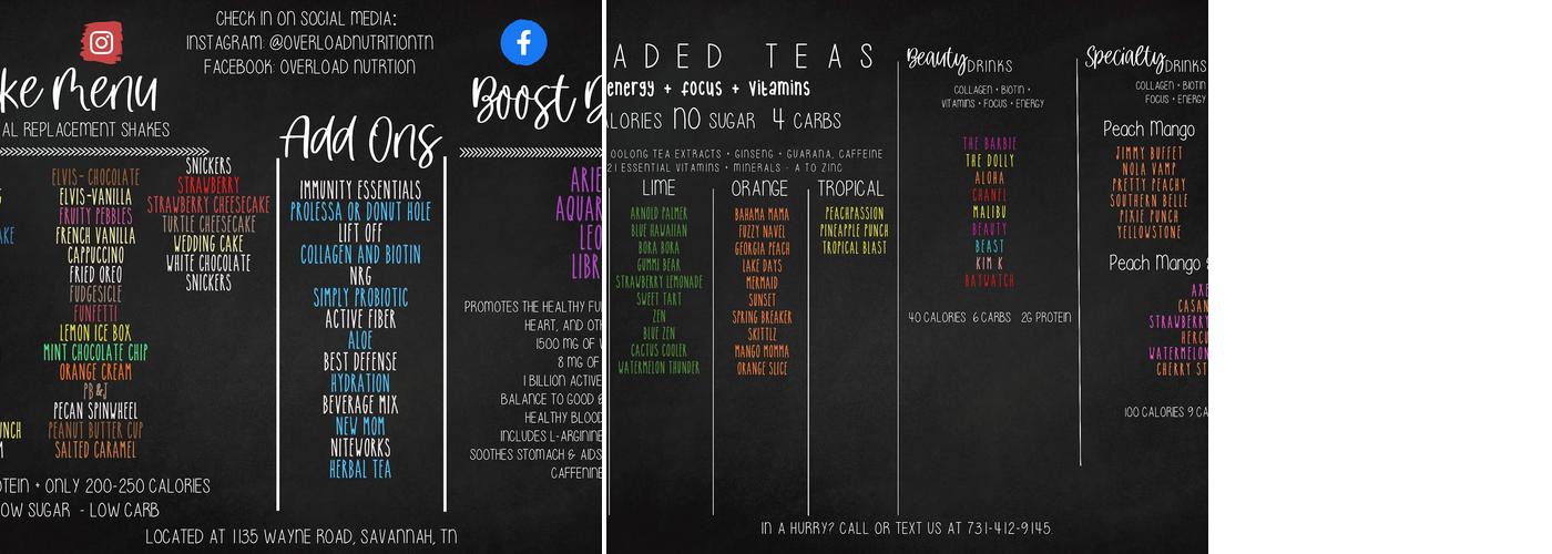 Overload Nutrition Menu