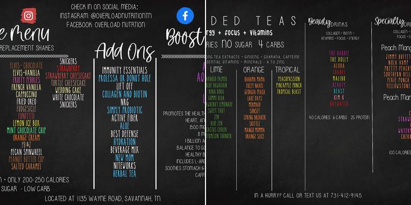 Overload Nutrition Menu