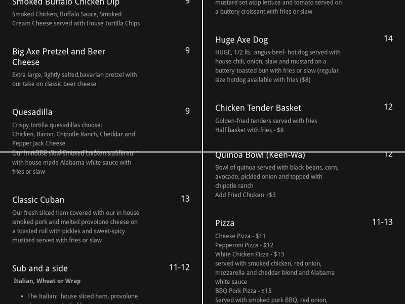 Axe and Ale House Menu