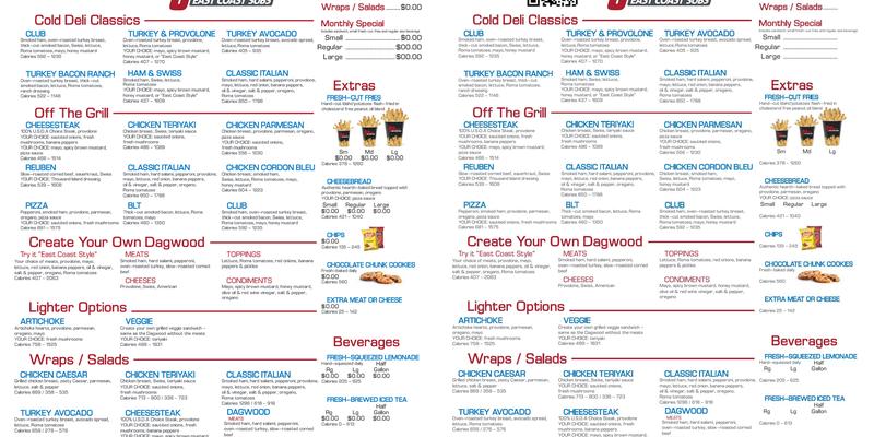 Penn Station East Coast Subs Menu