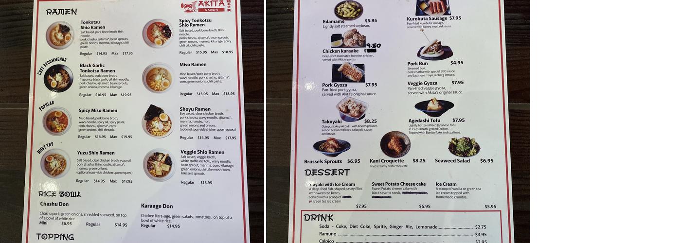 Akita Ramen Menu