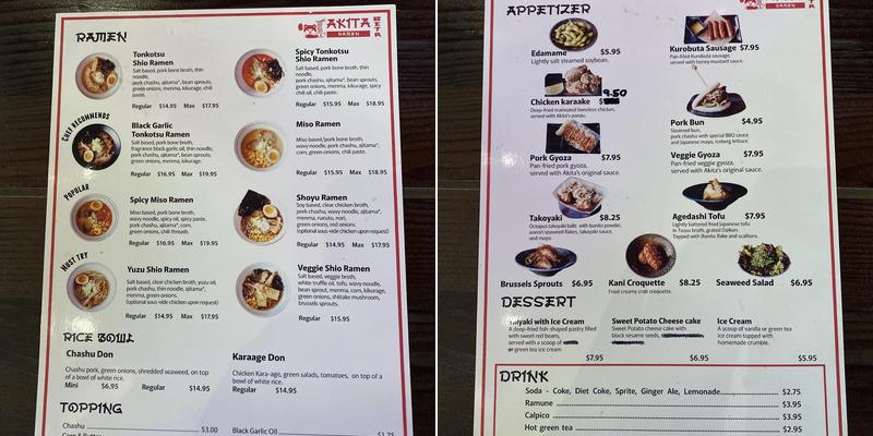 Akita Ramen Menu