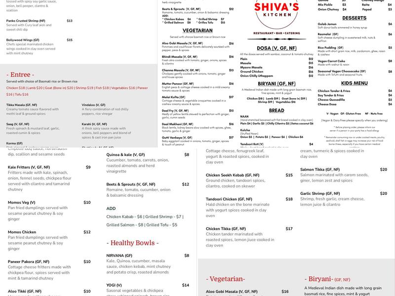 Shiva's Kitchen Menu