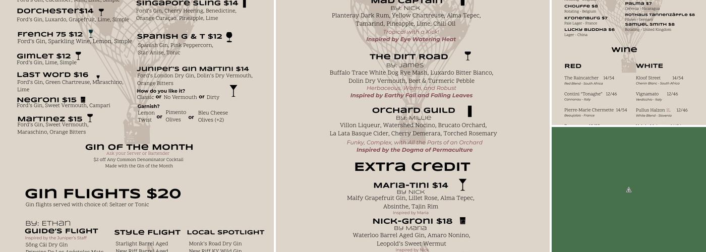 Juniper’s Menu