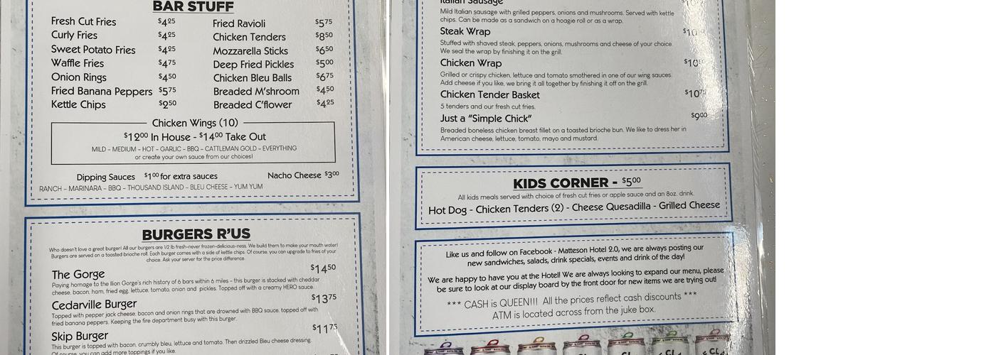 Matteson Hotel Menu