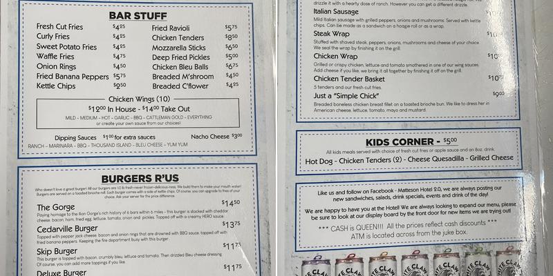 Matteson Hotel Menu