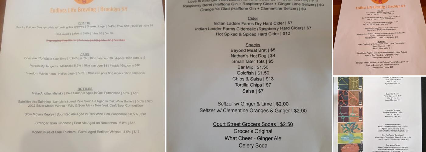 Endless Life Brewing Menu