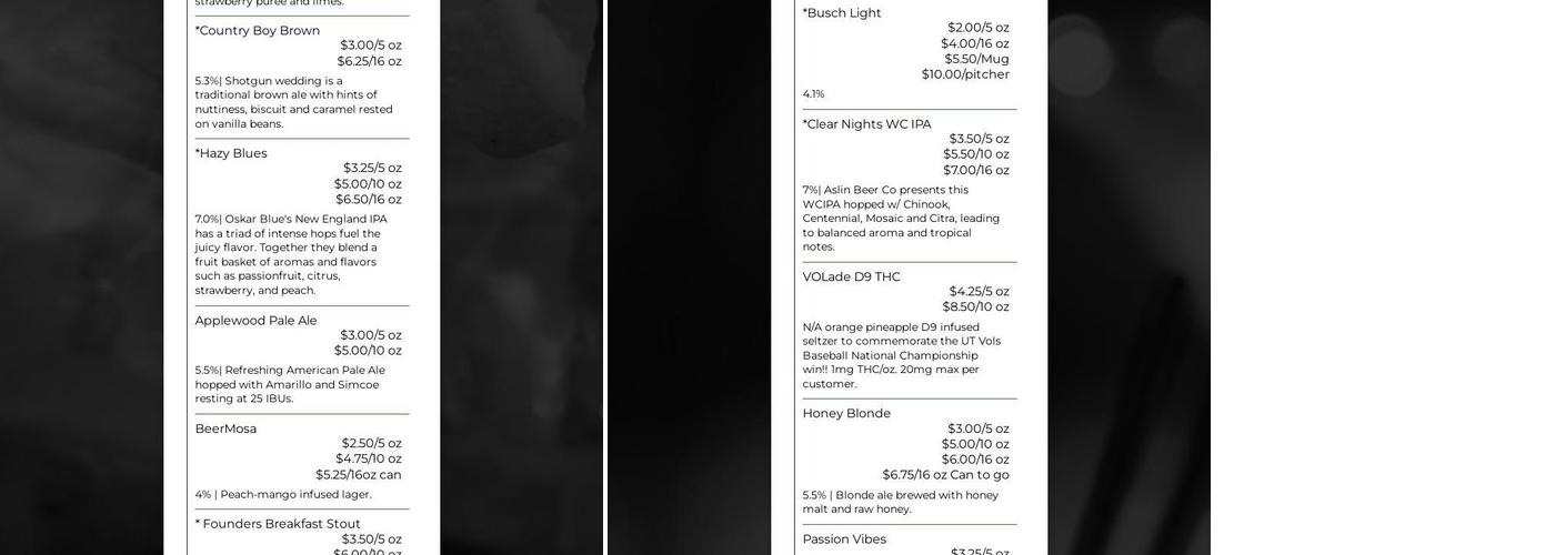 Ebony & Ivory Brewing Menu
