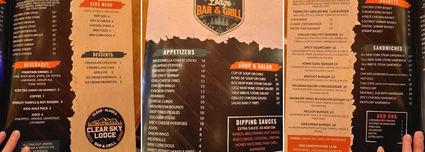 Rabideau's Clear Sky Lodge Menu