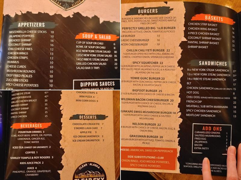 Rabideau's Clear Sky Lodge Menu