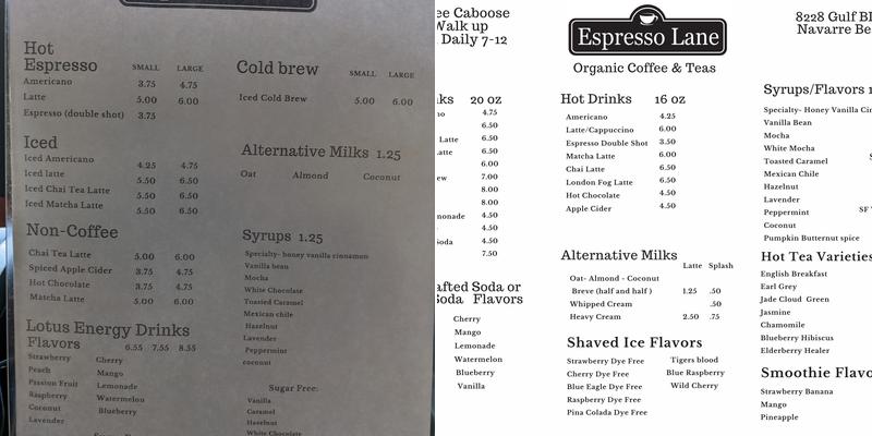 Espresso Lane - Navarre Beach Menu