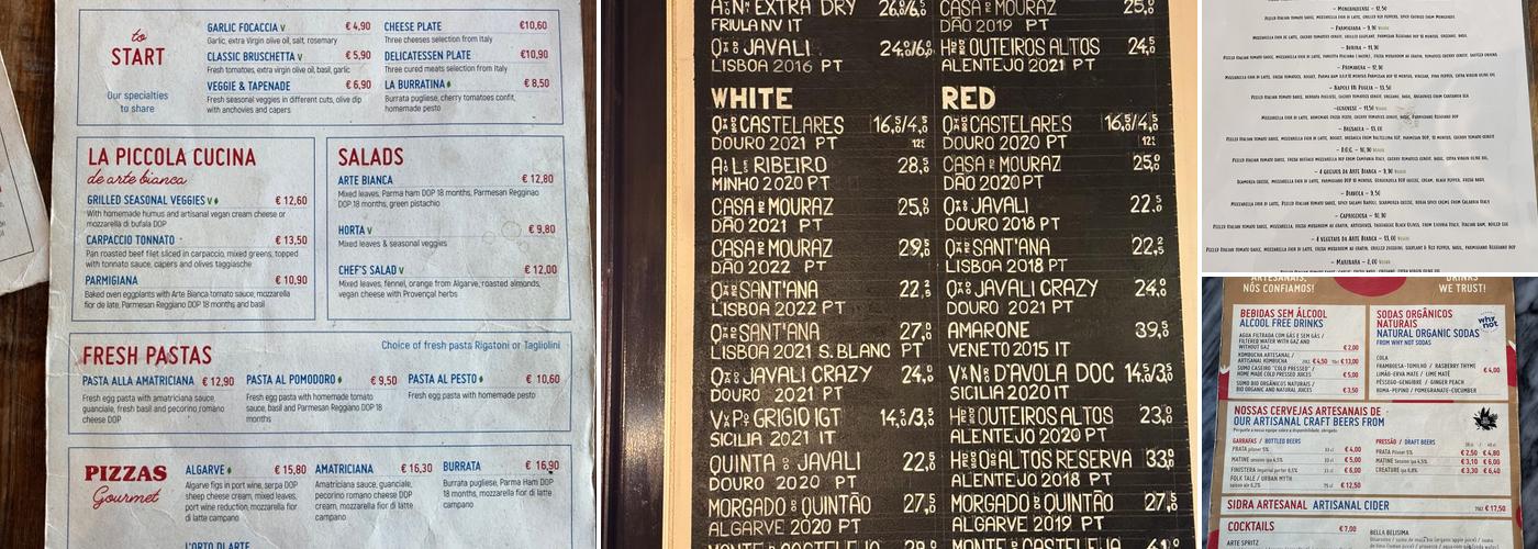 Arte Bianca - Cucina Italiana - Sagres Menu