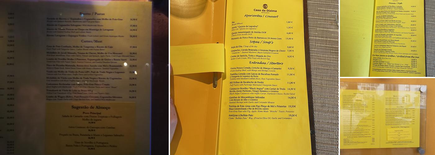 Casa da Dízima Menu