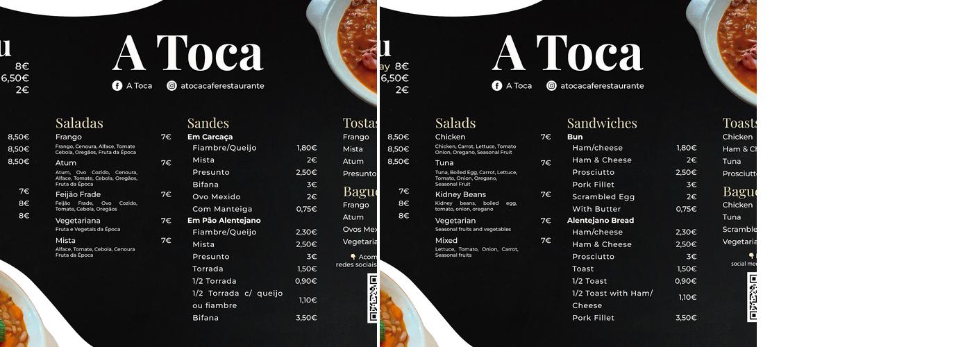 Café / Restaurante em Ourique - A Toca Menu
