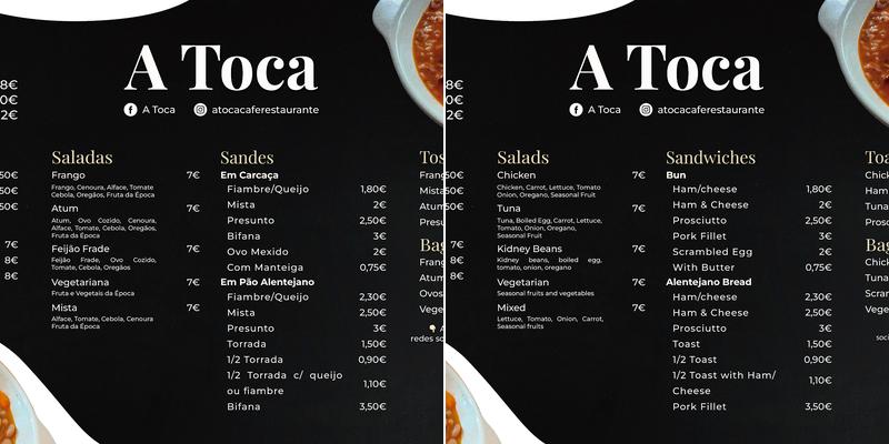 Café / Restaurante em Ourique - A Toca Menu