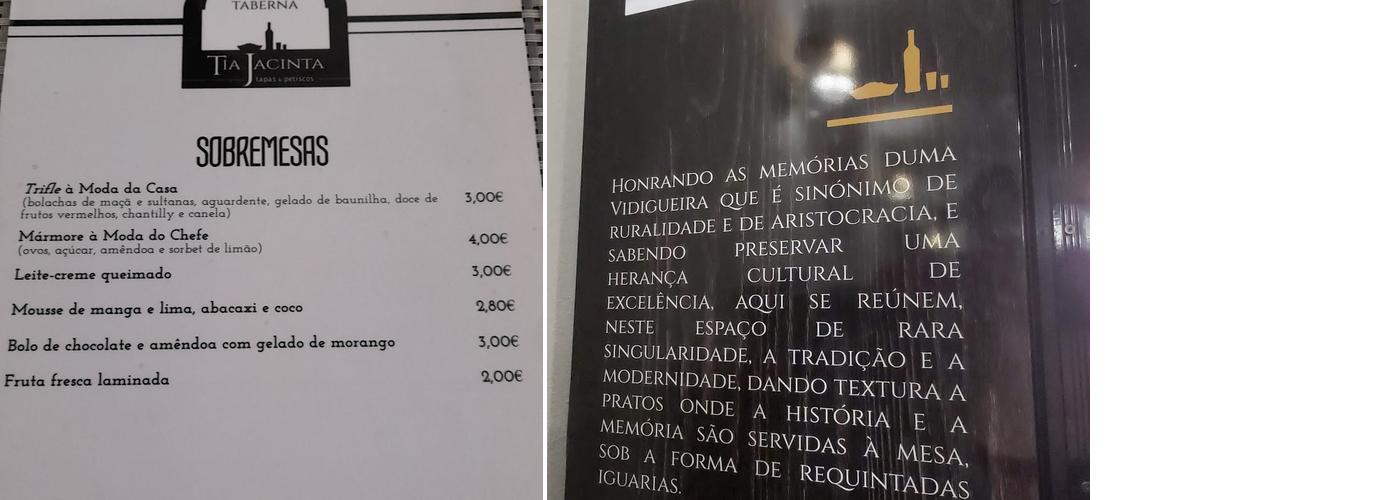 Taberna Tia Jacinta Menu