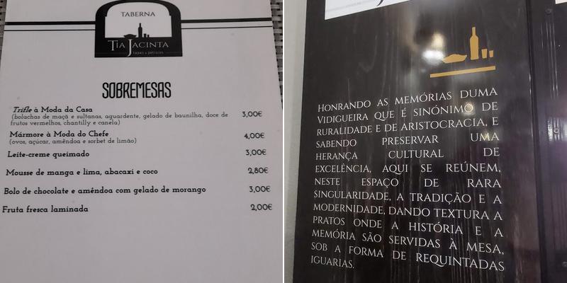 Taberna Tia Jacinta Menu