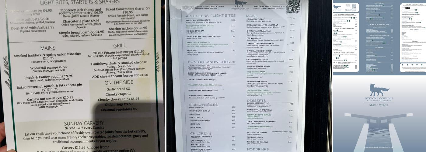 Foxton Locks Inn Menu