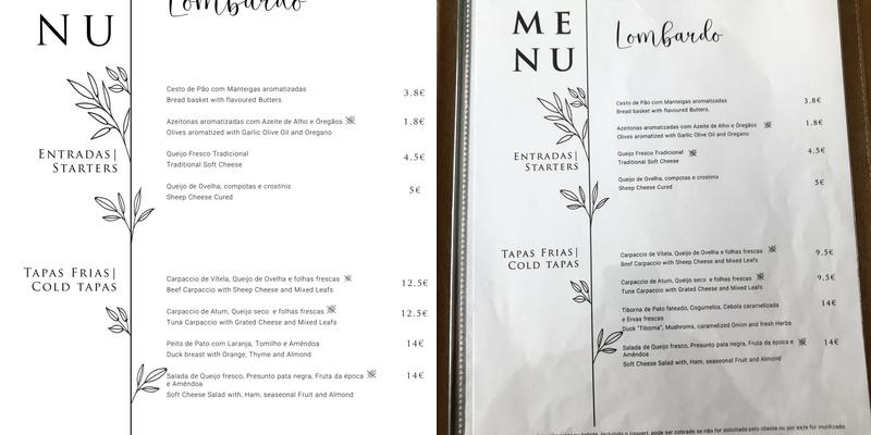 Lombardo Menu