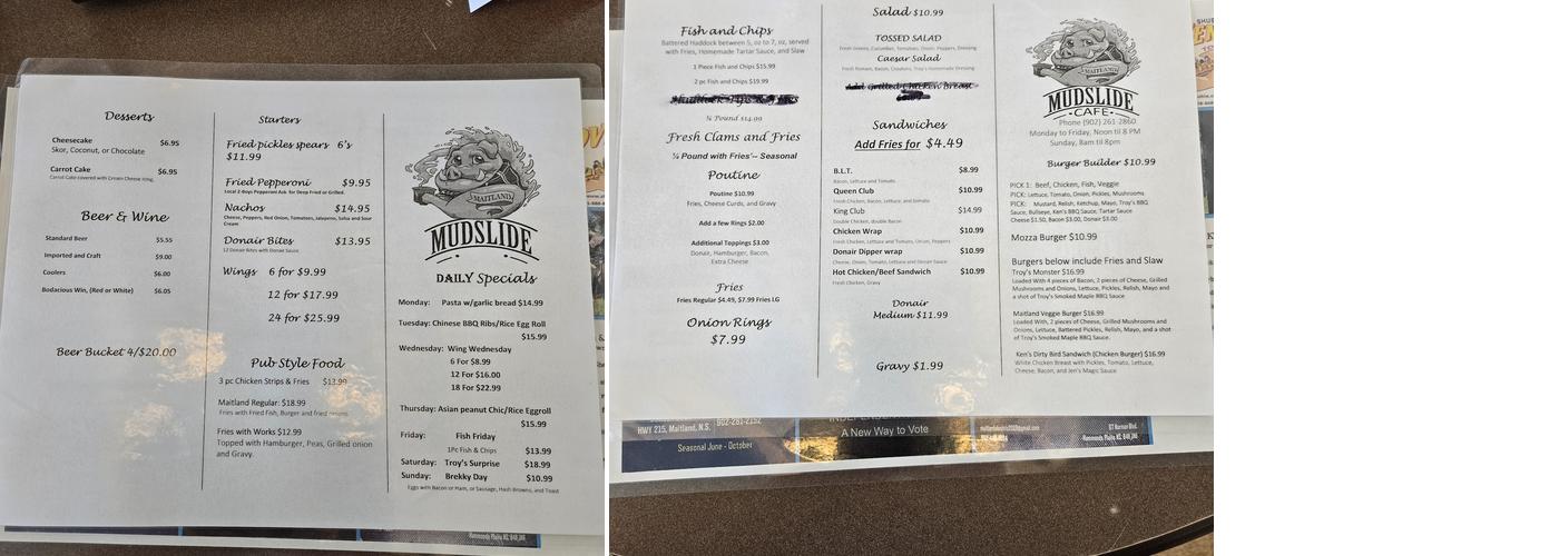 Mud Slide Cafe Menu