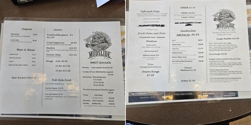 Mud Slide Cafe Menu