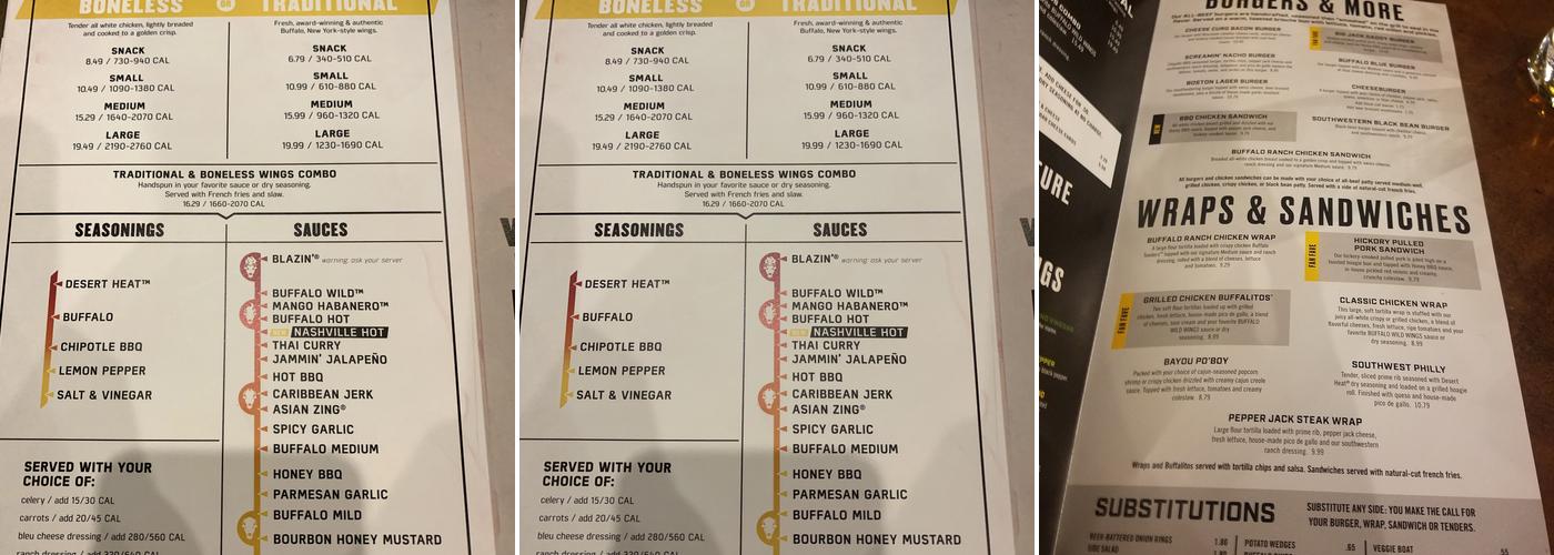 Buffalo Wild Wings Menu