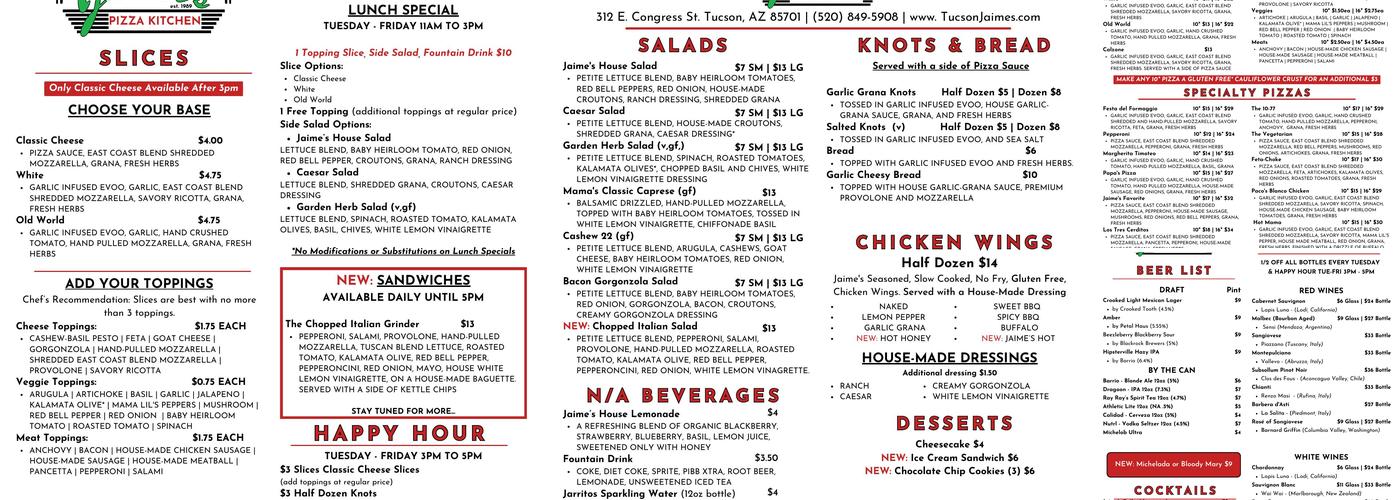 Jaime's Pizza Kitchen Menu