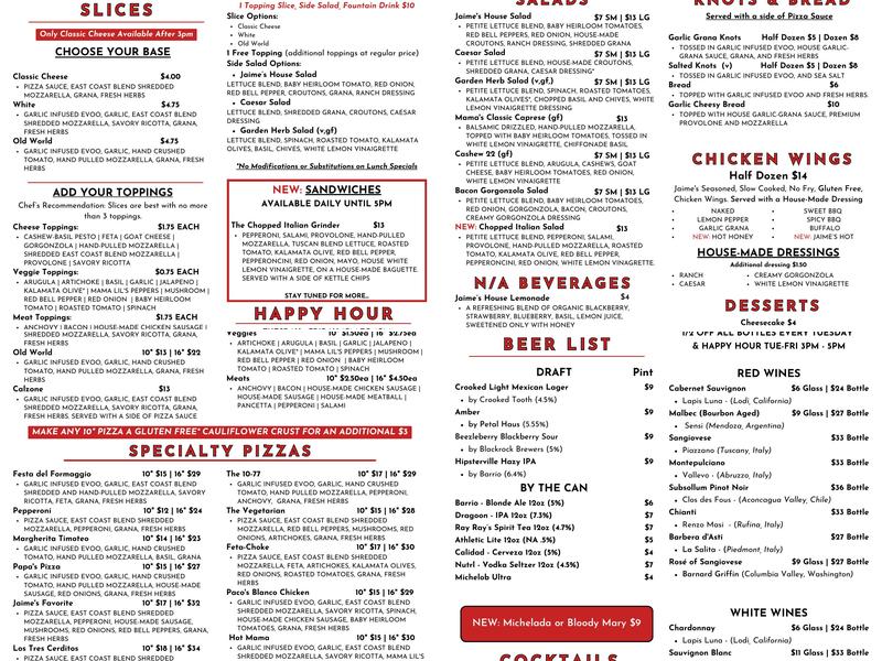Jaime's Pizza Kitchen Menu