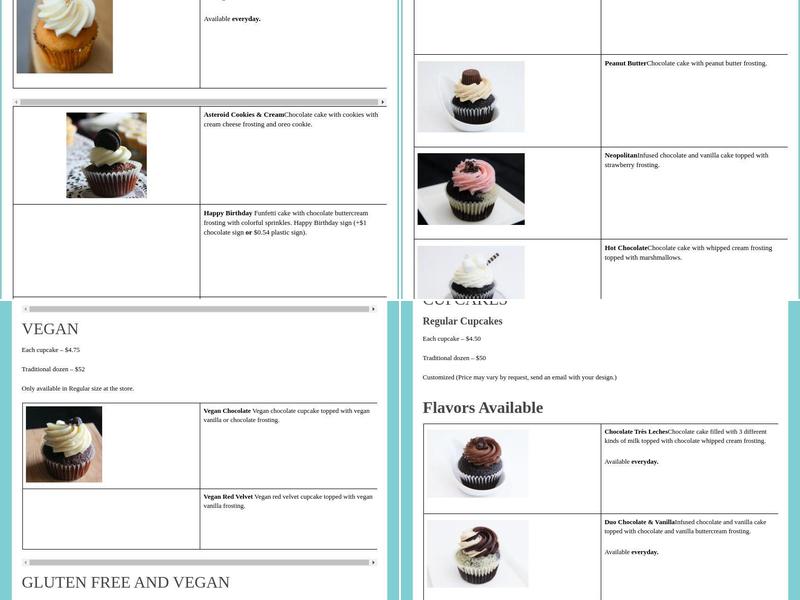 La Luna Cupcakes Menu