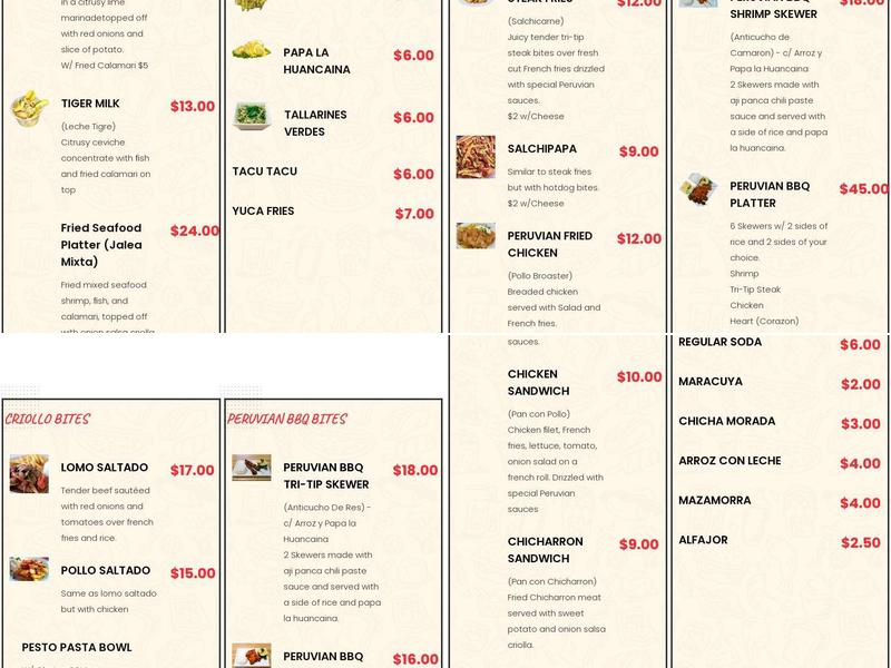 Peruvian Street Bites Menu