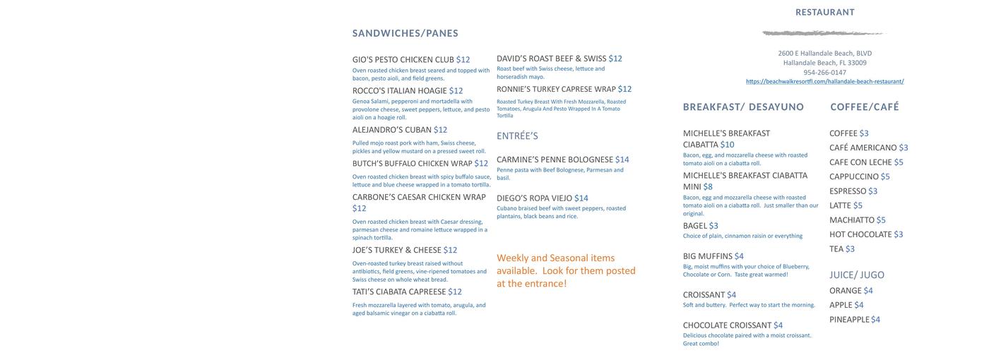 Beachwalk Bistro Menu