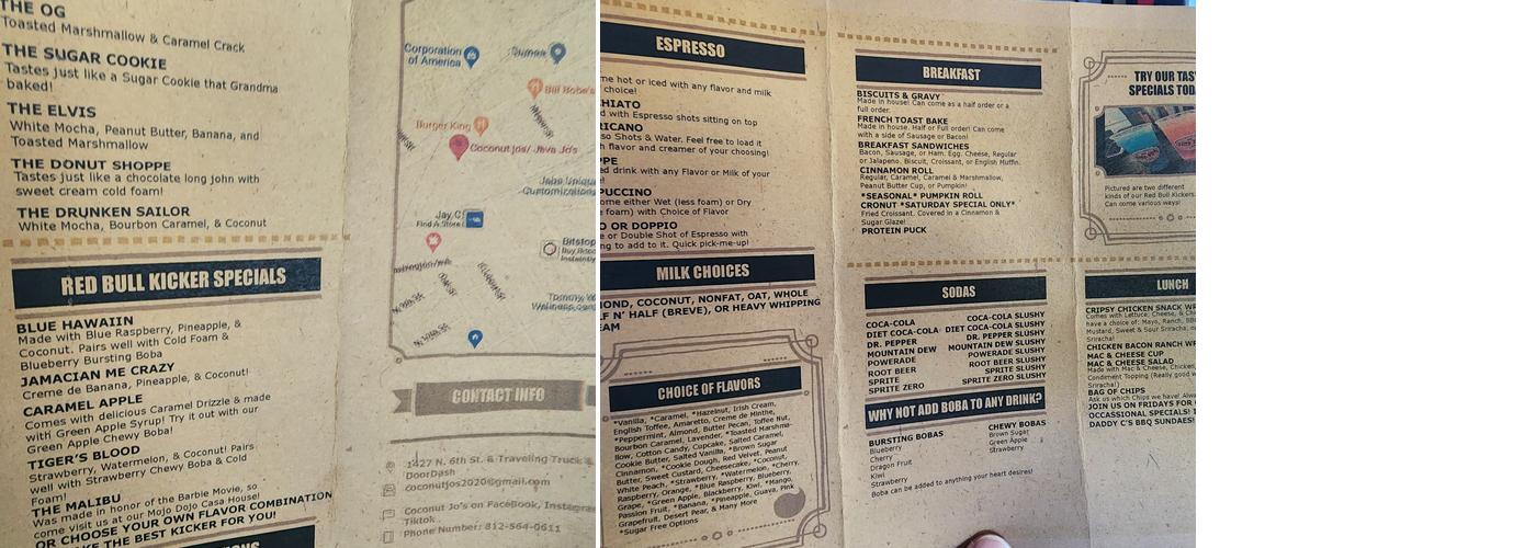 Coconut Jos/Java Jo’s Menu