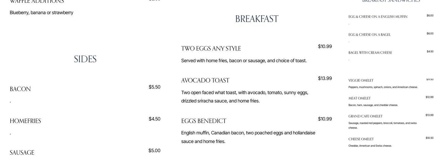 Grand Cafe Restaurant & Bar Menu