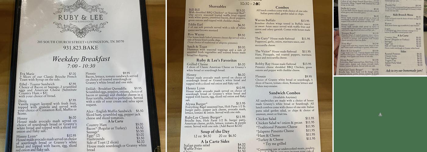 Ruby and Lee Coffee and Bakehouse Menu
