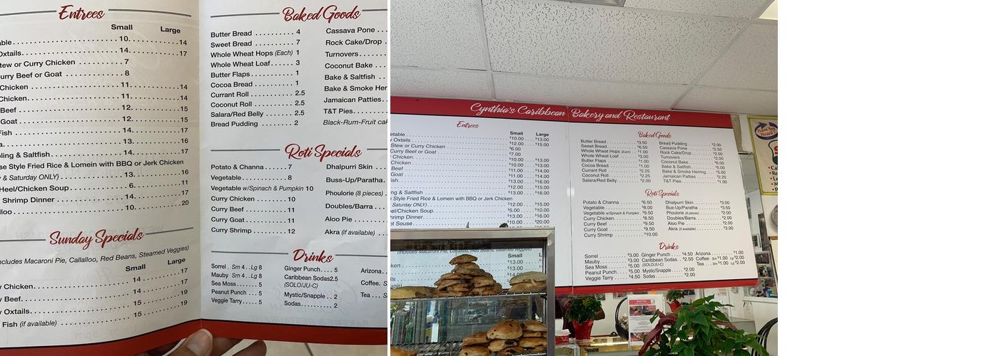 Cynthia's Caribbean Bakery Menu