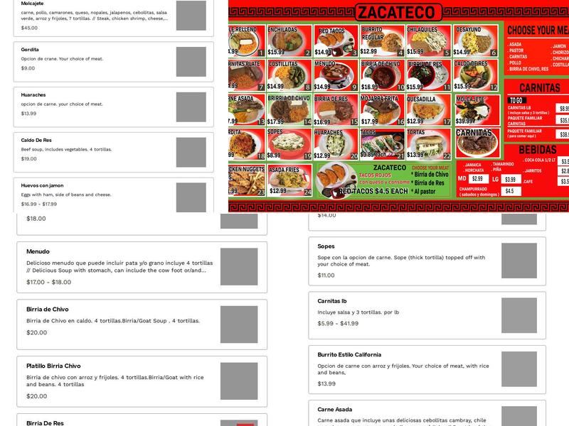 Zacateco Menu