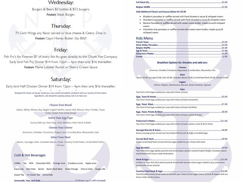 Northern Pier Bar & Grill Menu