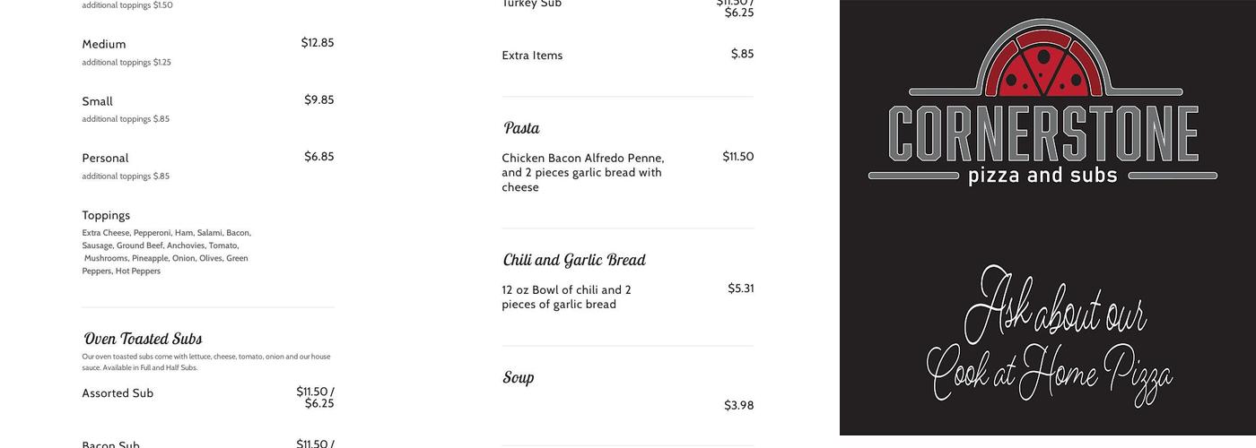 Cornerstone Pizza and Subs Menu