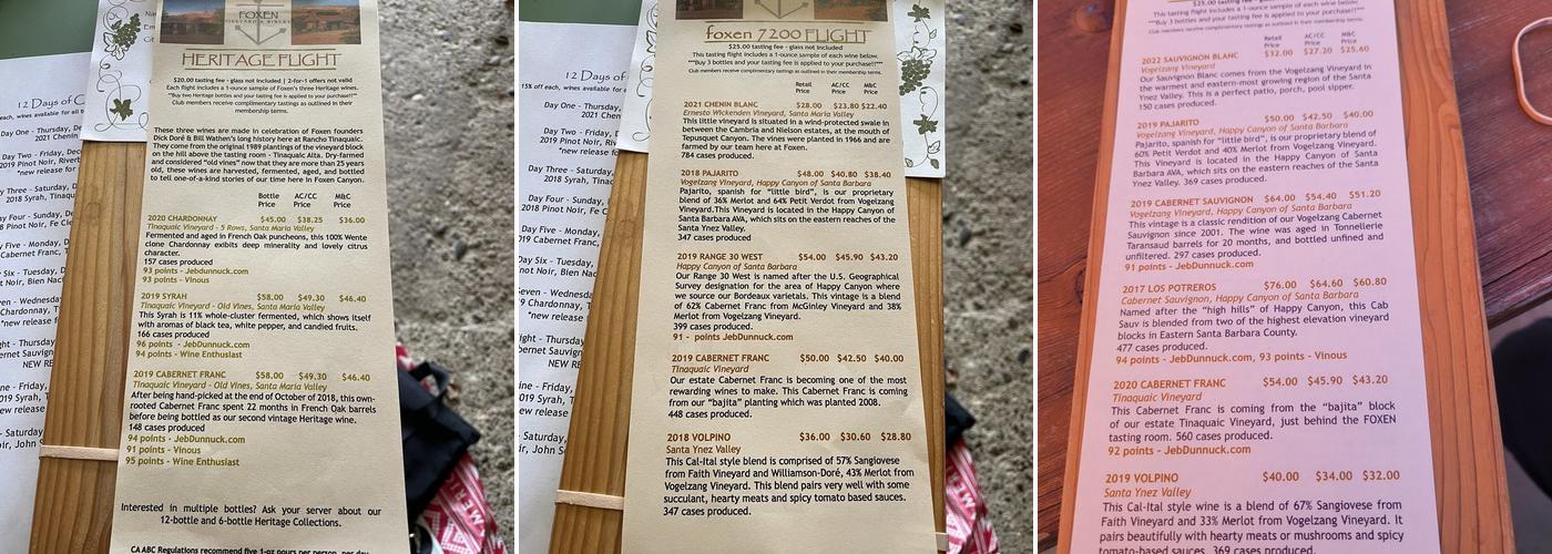 Foxen Vineyard & Winery Menu