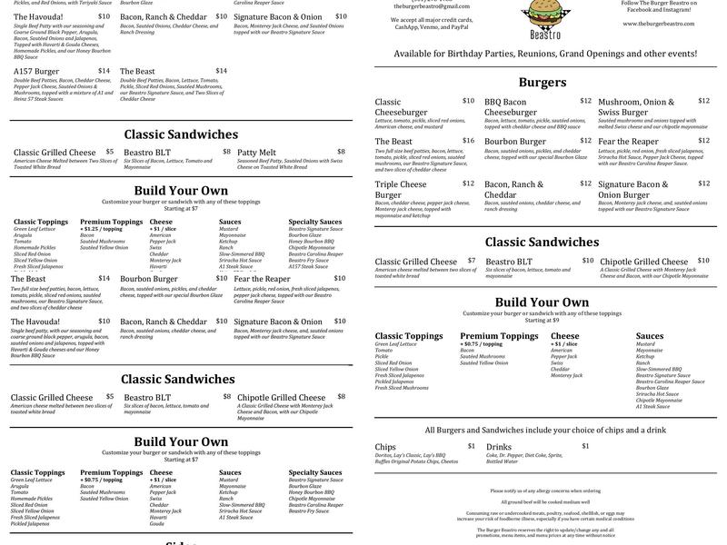 The Burger Beastro Menu