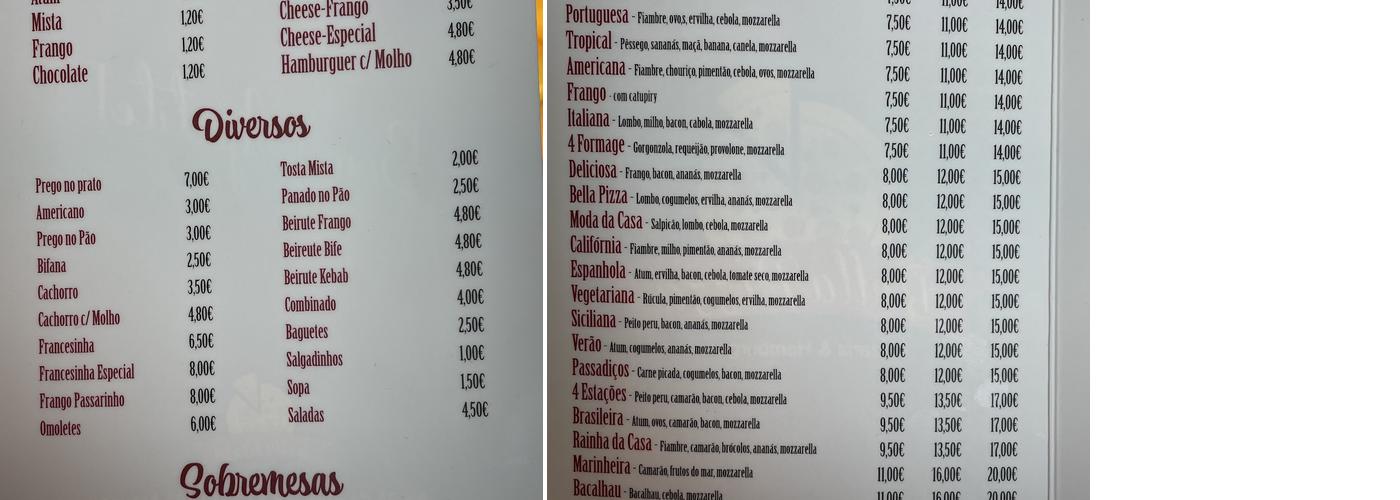 Bella Pizza Menu