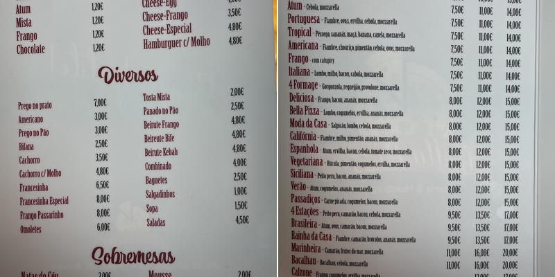 Bella Pizza Menu
