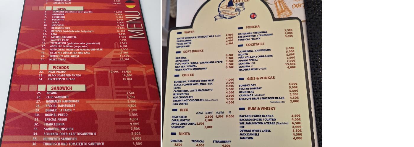 Camara de lobos cafe Menu