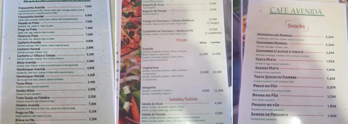 Café Avenida Menu