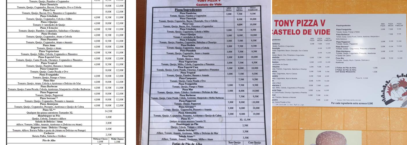 Tony PizzaV Menu