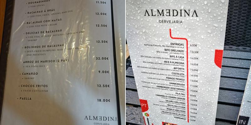Cervejaria Almedina Menu