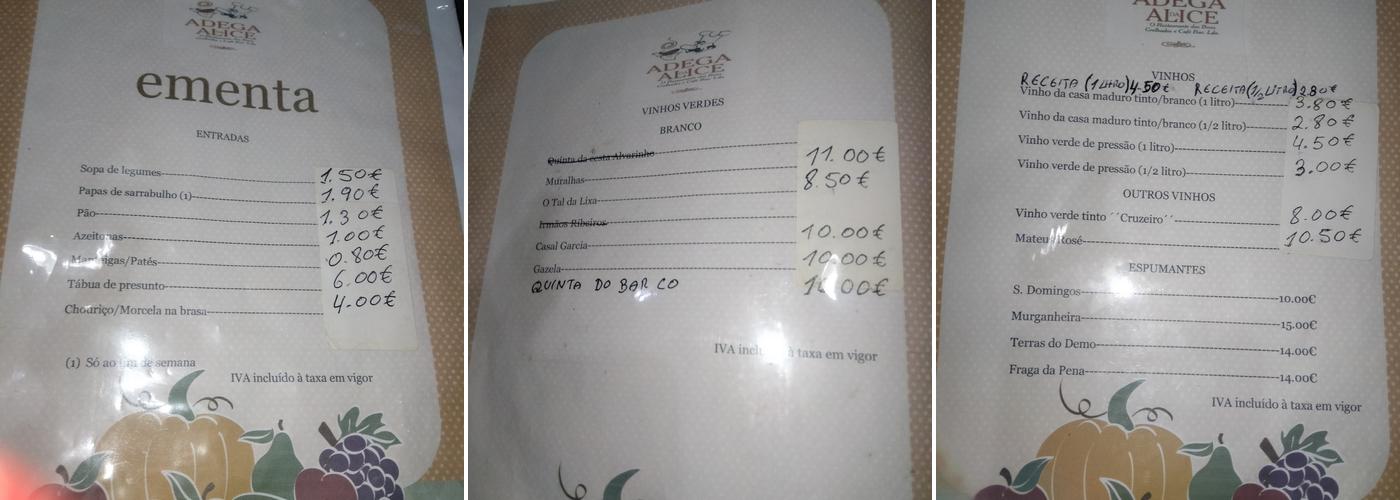 Adega Alice Menu