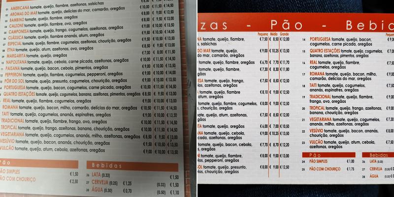 Camião das Pizzas Menu