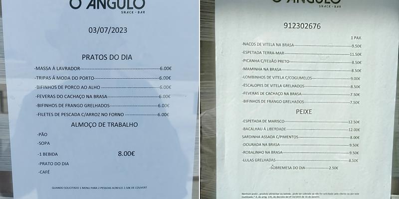 O Angulo Restaurante e Snack-bar Menu